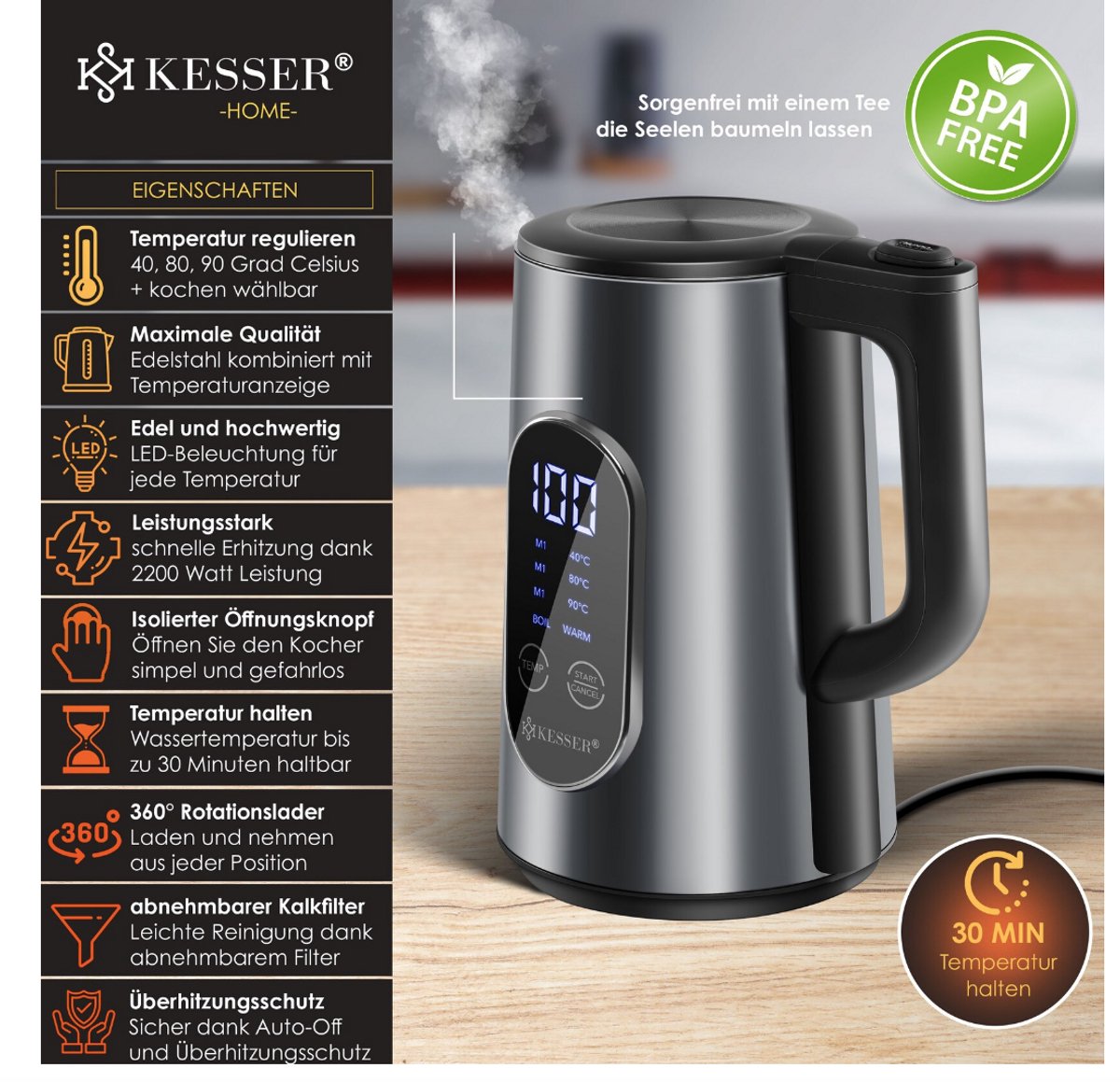 Waterkoker met temperatuurregeling - RVS - met LED - 1.7L - 2200W - Antraciet