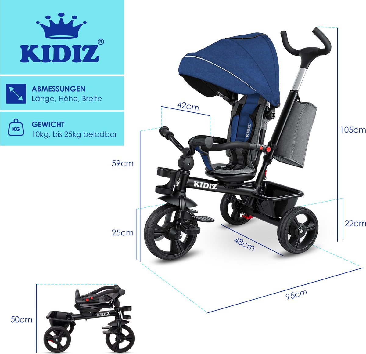 KIDIZ® 5in1 Kinderfiets - Loopfiets - Driewieler - Blauw