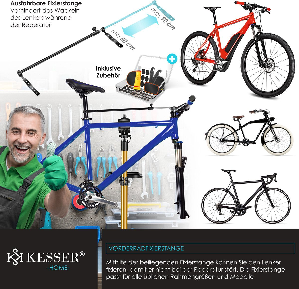 KESSER® Montagestandaard Fiets Reparatiestandaard 360° Draaibaar & Belastbaar tot 25kg | Fietsstandaard Fietslift | Fiets ophangsysteem Montage & reparatie standaard | Fietsstaander Met Draagtas & Fixatiestang - Goud
