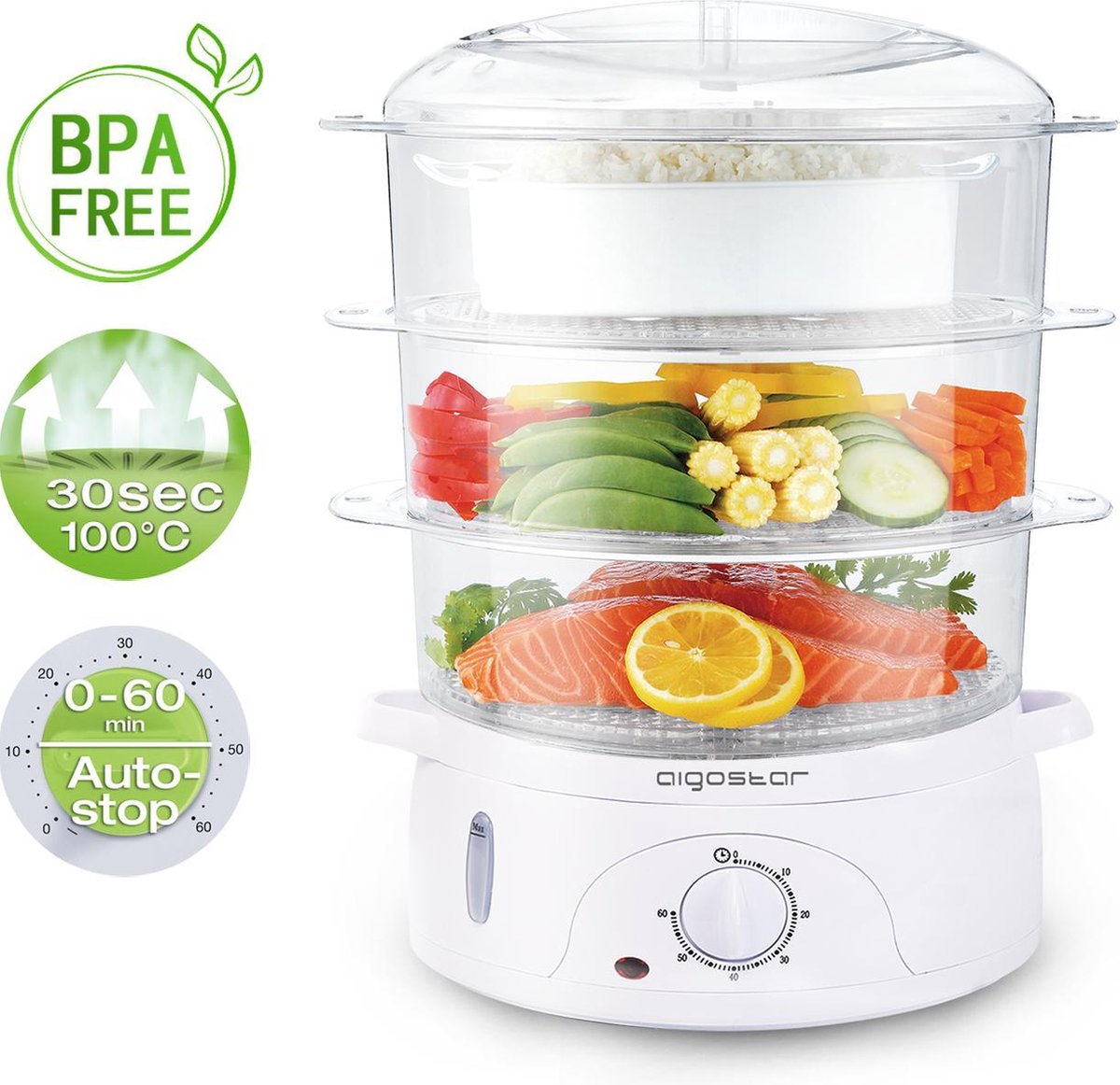 Aigostar Stoomkoker - 9L - 800W - 3 Lagen - Wit