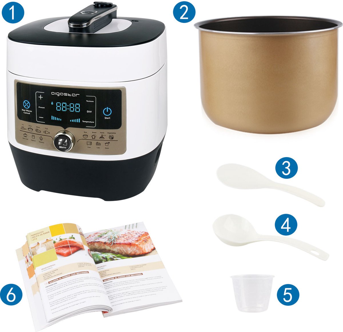 Aigostar Snelkookpan Multicooker - 5,5 Liter - Slow Cooker - Rijstkoker - Stomer
