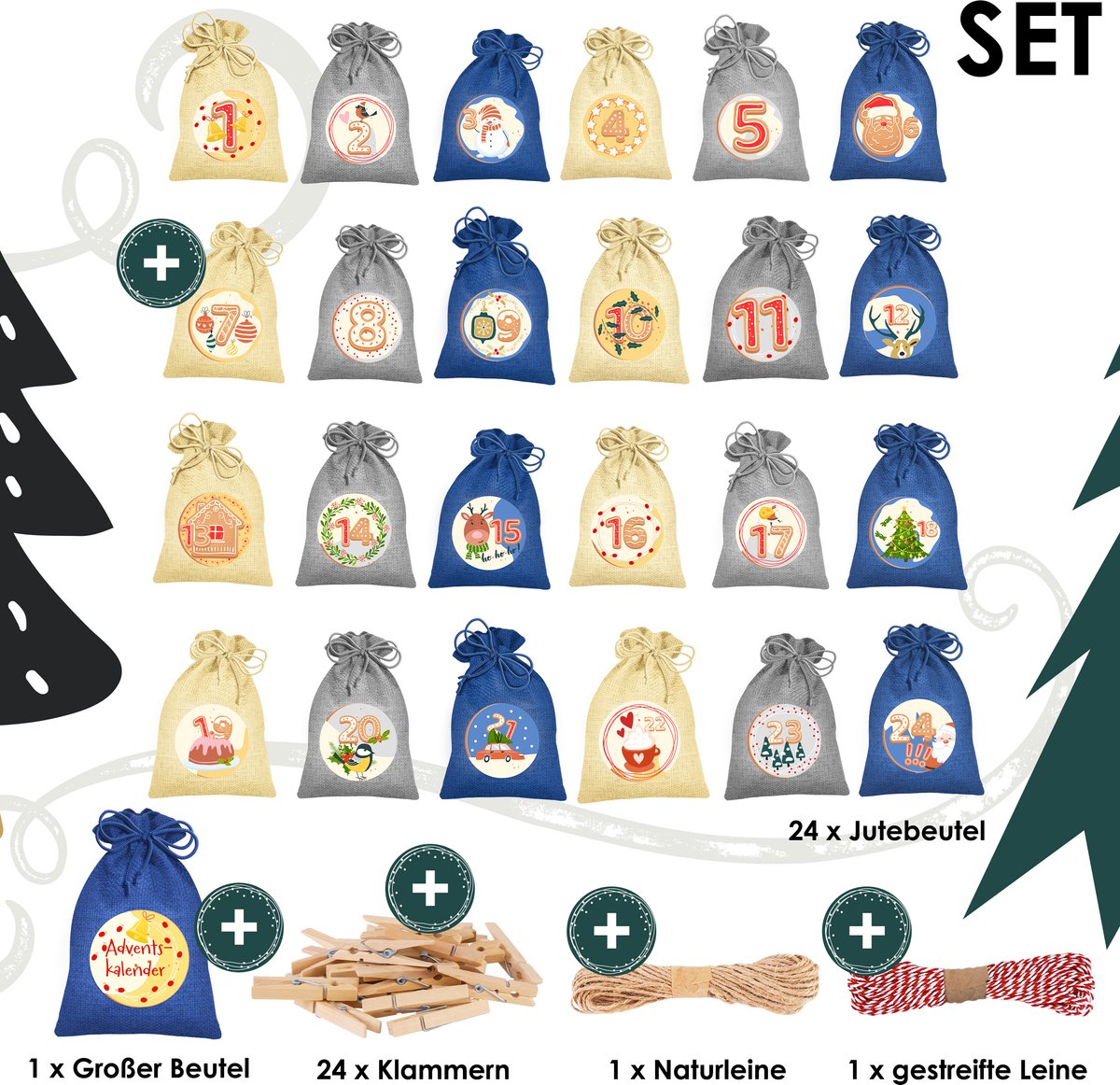 KESSER® Adventskalender om zelf te vullen 24 Jute Zakjes Bedrukte Stoffen Kerst Zakjes Incl. 24x Labels + 1 Grote Stoffen Opbergzak Advent Kalender - Blauw / Gekleurd - 16cm x 12cm