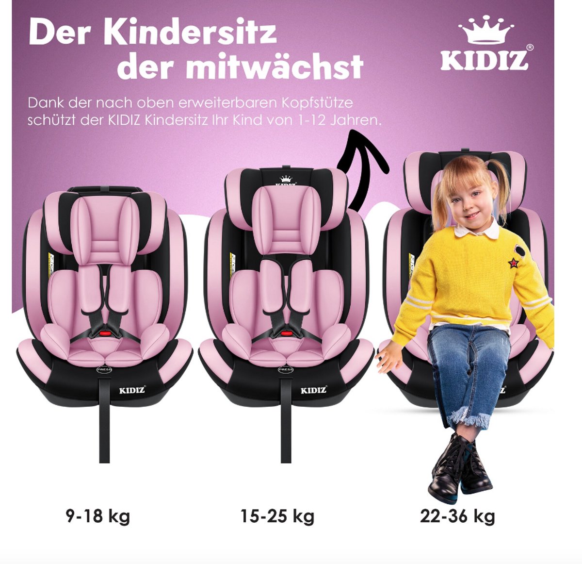 KIDIZ® Autostoeltje - 5-punts veiligheidsgordel - Roze