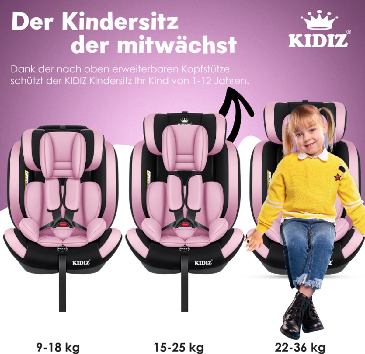 KIDIZ® Autostoeltje - 5-punts veiligheidsgordel - Roze