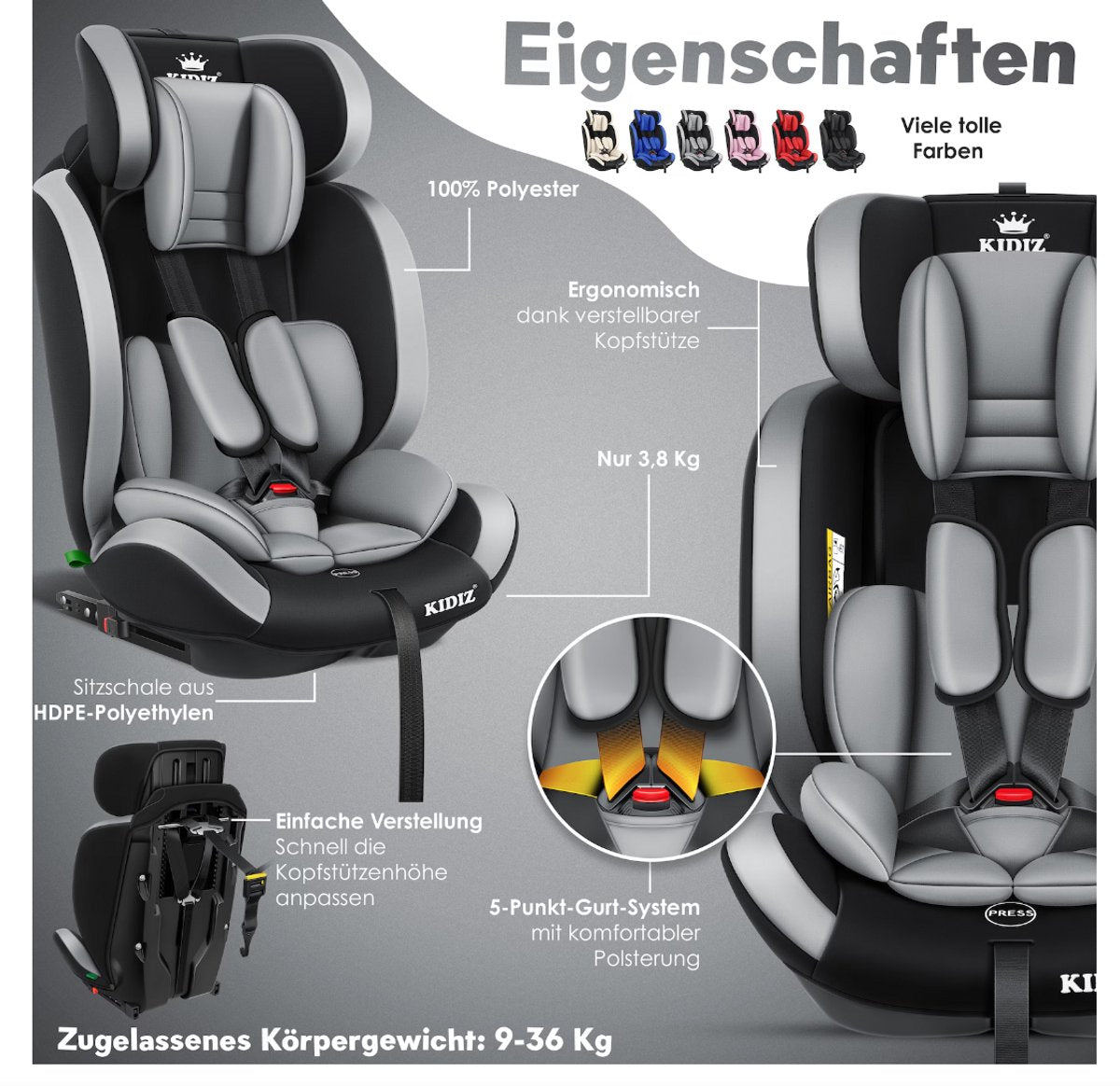 KIDIZ® Autostoeltje - 5-punts veiligheidsgordel - Grijs