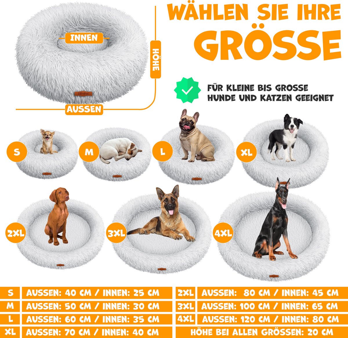 LOVPET® Hondenbed / Hondenmand / Hondenkussen Kattenbed Bagel, Afwasbaar, Incl. Kom + 3x Kauwbotjes, Hondenbank Pluche Kussen Rond Pluche Voor Kleine, Middelgrote & Grote Honden, Katten - 4XL (120 x 120 cm), Lichtgrijs