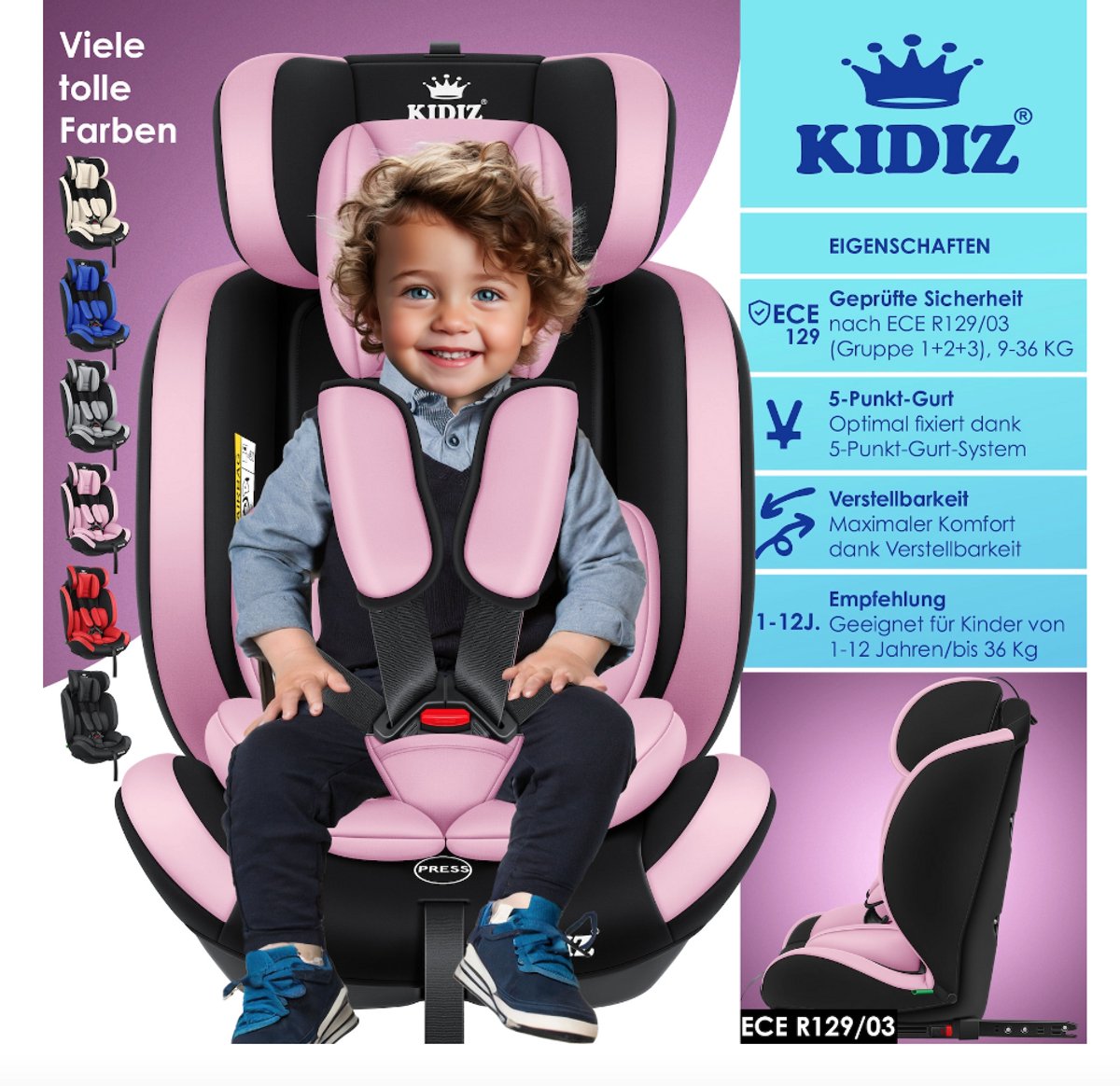 KIDIZ® Autostoeltje - 5-punts veiligheidsgordel - Roze