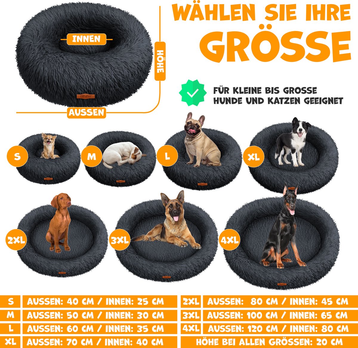 LOVPET® Hondenbed / Hondenmand / Hondenkussen Kattenbed Bagel, Afwasbaar, Incl. Kom + 3x Kauwbotjes, Hondenbank Pluche Kussen Rond Pluche Voor Kleine, Middelgrote & Grote Honden, Katten - 4XL (120 x 120 cm), Antraciet