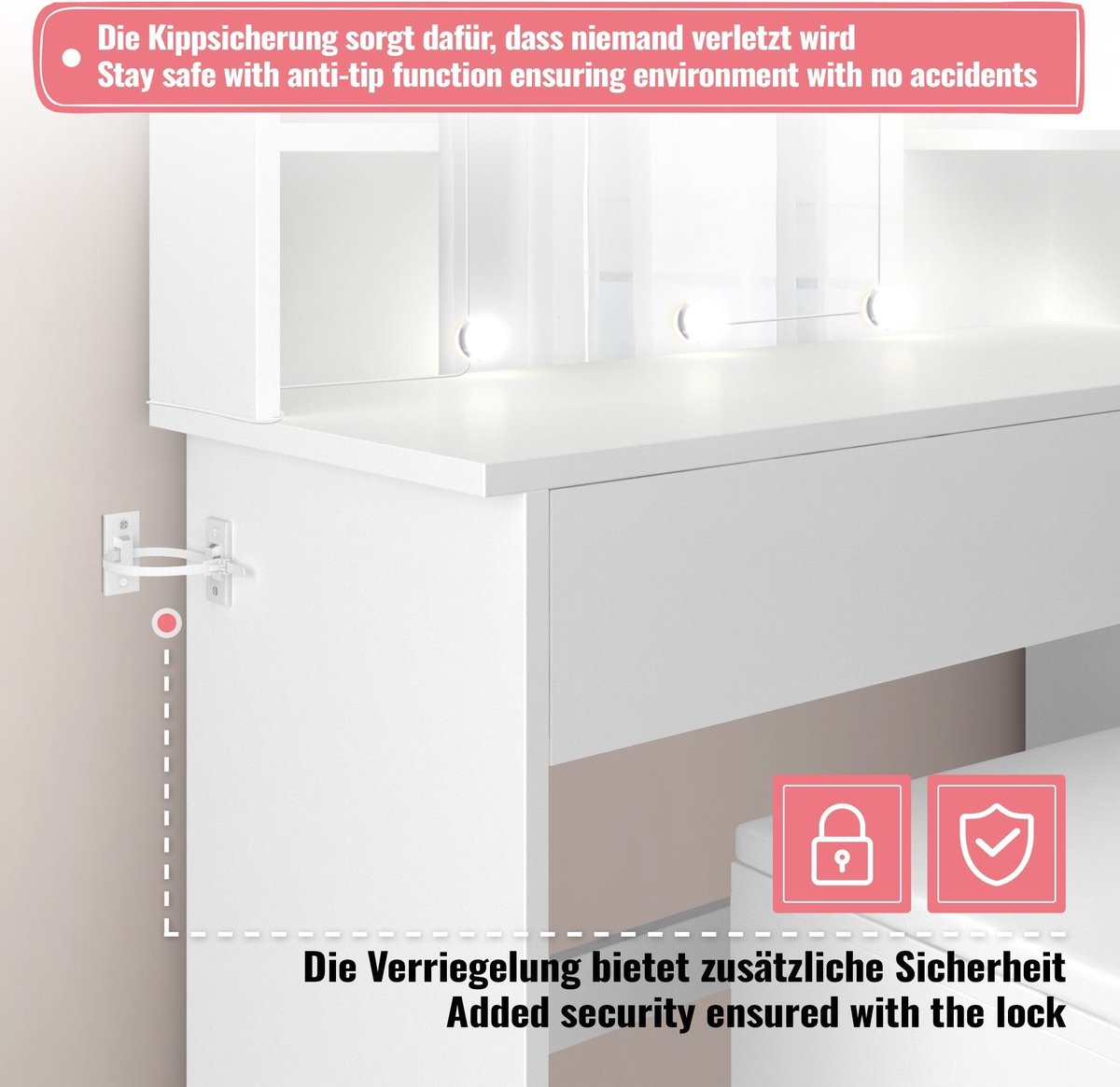MIADOMODO® kaptafel, verlichting, kruk, spiegel, cosmetica tafel, wit •