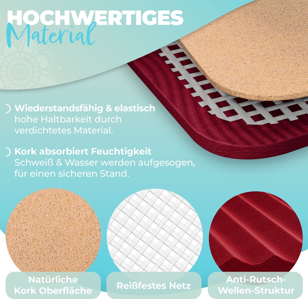 KESSER® Yogamat Kork 183x62cm Turnmat Gymnastiekmat Fitnessmat Inclusief Draagriem Tas & Yoga Blok - Bordeux