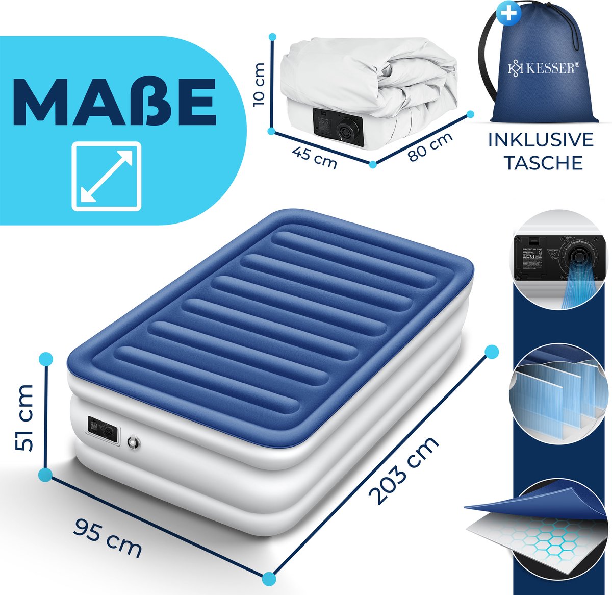 KESSER® Luchtbed - Opblaasbaar Matras - Elektrische Pomp - Wit •