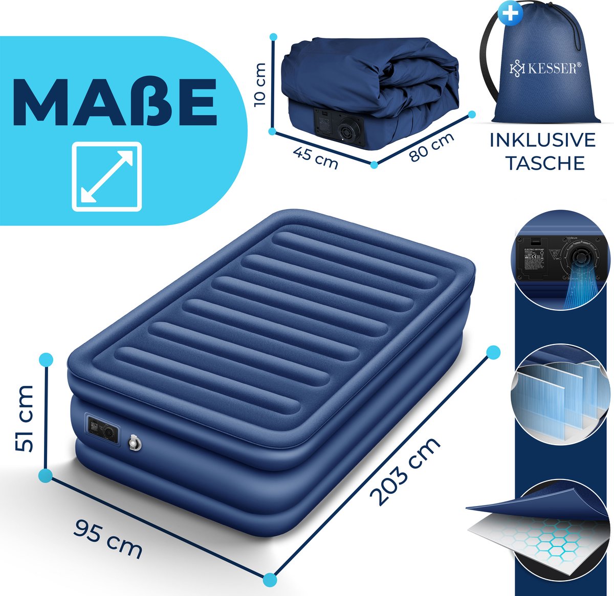 KESSER® Luchtbed - Opblaasbaar Matras - Elektrische Pomp - Blauw •