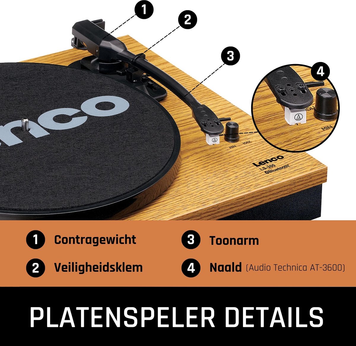 Lenco Platenspeler met Bluetooth - Twee externe Speakers - Auto-stop - LS-300WD - Hout