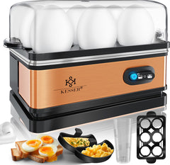 KESSER® Eierkoker electrisch voor 6 Eieren | Elektrische Eierkoker 400W van roestvrij staal met Timer en Maatbeker & 2x kom voor omelet BPA-vrij - Zwart / Koper •