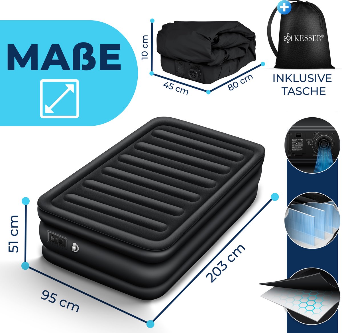 Luchtbed - 1 Persoons - Luchtmatras met pomp - Opblaasbed - Zwart - KESSER® •