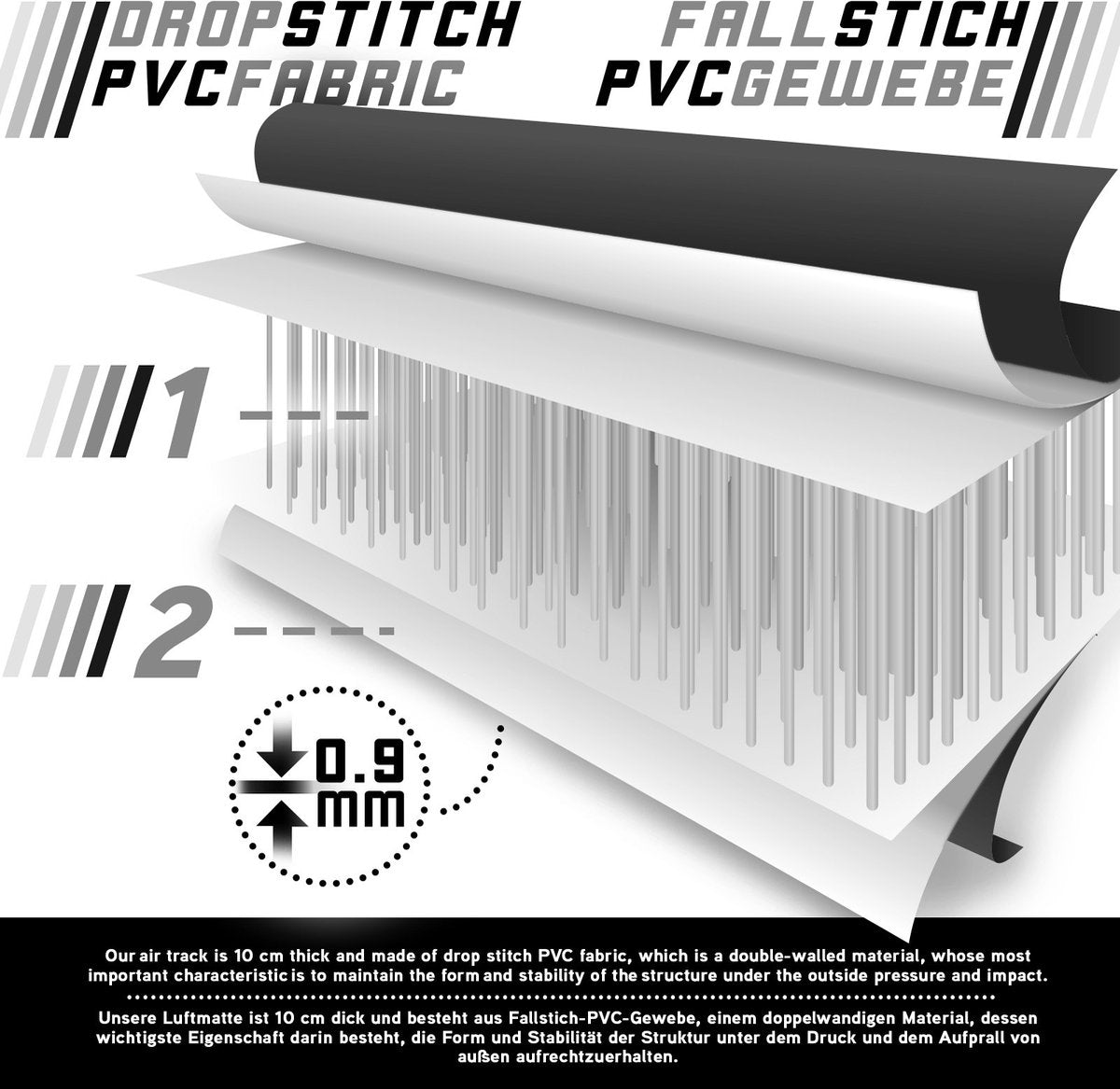 Physionics® Tumblingmat - Dubbelwandig PVC, Opblaasbaar, Inclusief elektrische pomp en reparatieset, 600 x 100 x 10, Zwart - Luchtvloer voor turnen, yoga, parkour, cheerleading