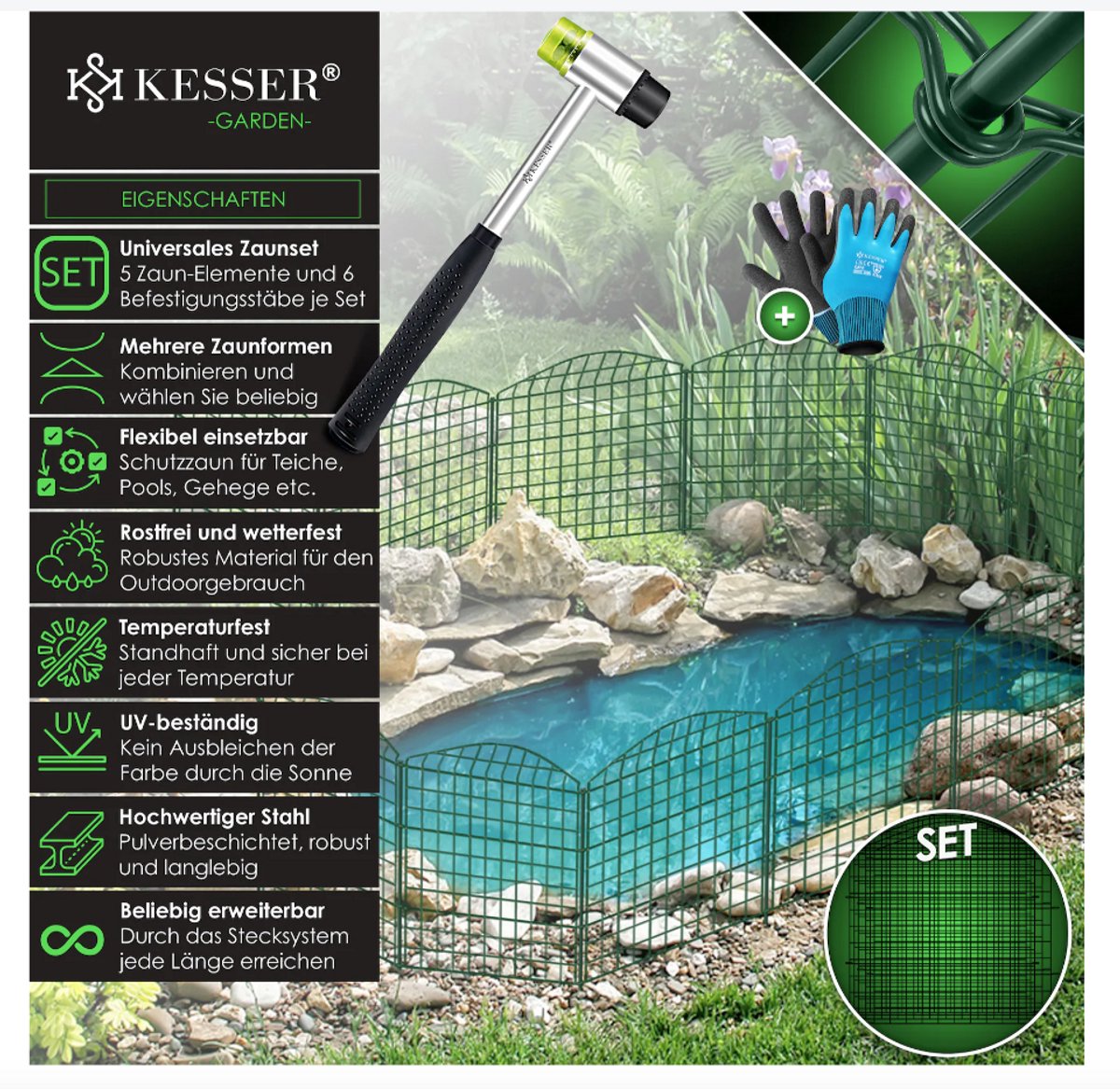 KESSER® Vijverhek tuinhek steekhek complete set metaal 5x bocht rond incl. handschoenen, 1x hamer + 6 bevestigingsstaven, hek om in te steken voor tuin, rooster omheining set buitenren voor dieren