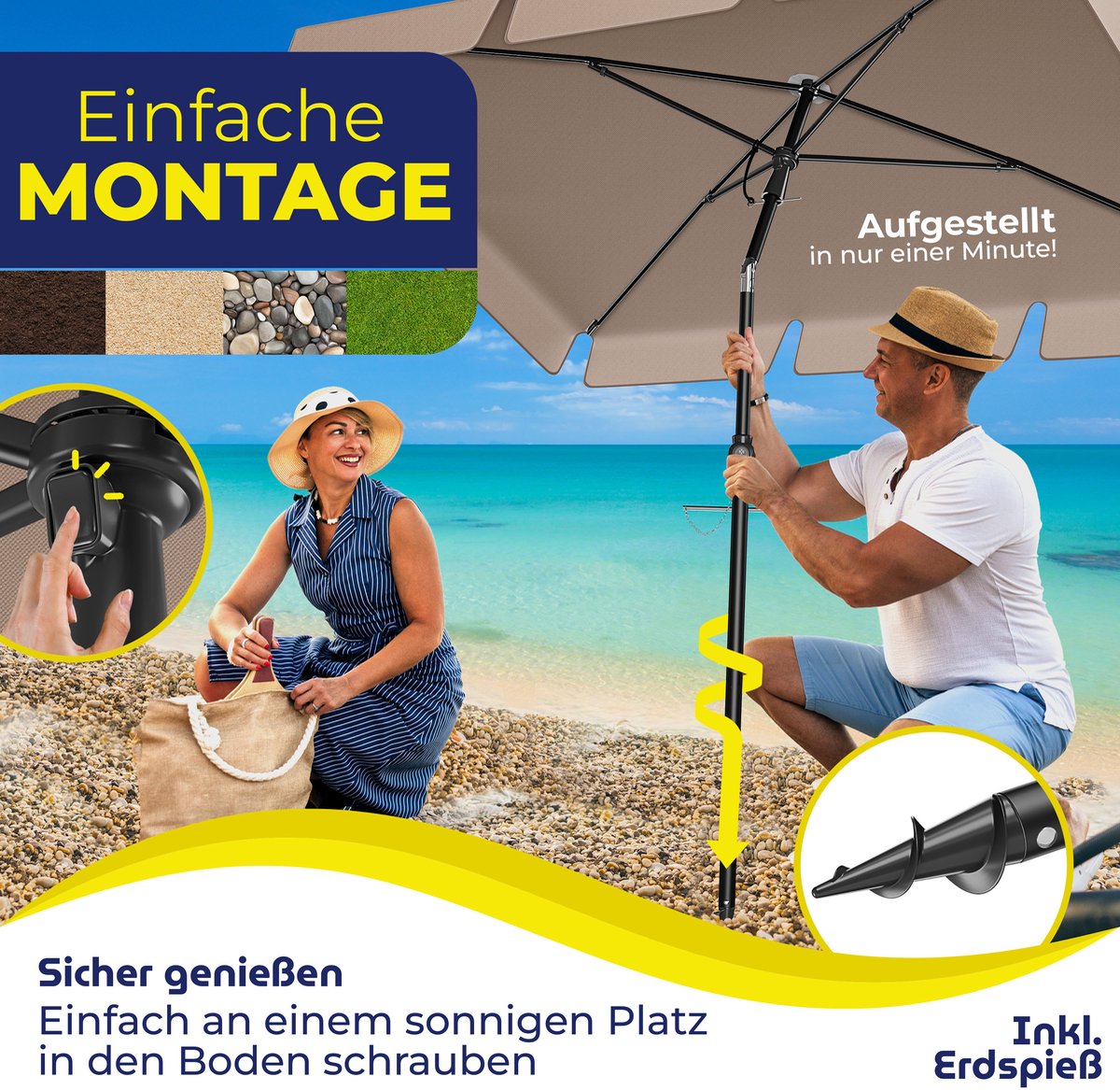 KESSER® Stokparasol Inclusief Beschermhoes & Draagtas 200 × 125cm - Parasol voor Balkon, Tuin & Terras Tuinparasol Strandparasol - Taupe