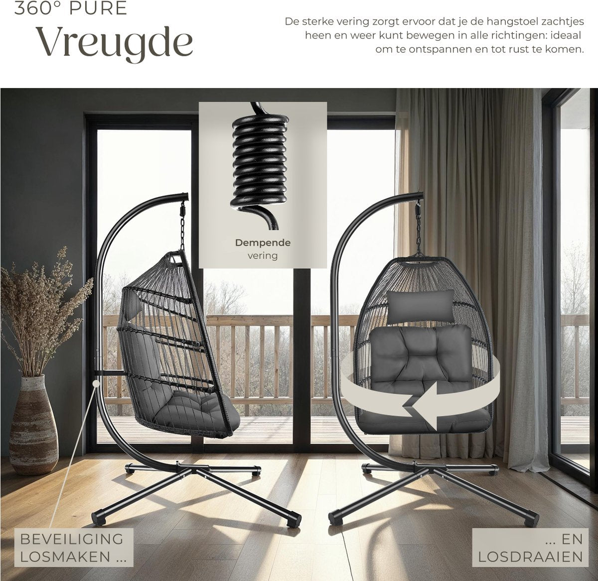 tectake® - Luxe hangstoel - Opvouwbare en draaibare egg chair met standaard - Dikke kussens - Antislipvoeten - Inclusief beschermhoes - Ideaal voor buiten, tuin, terras en slaapkamer - Donkergrijs