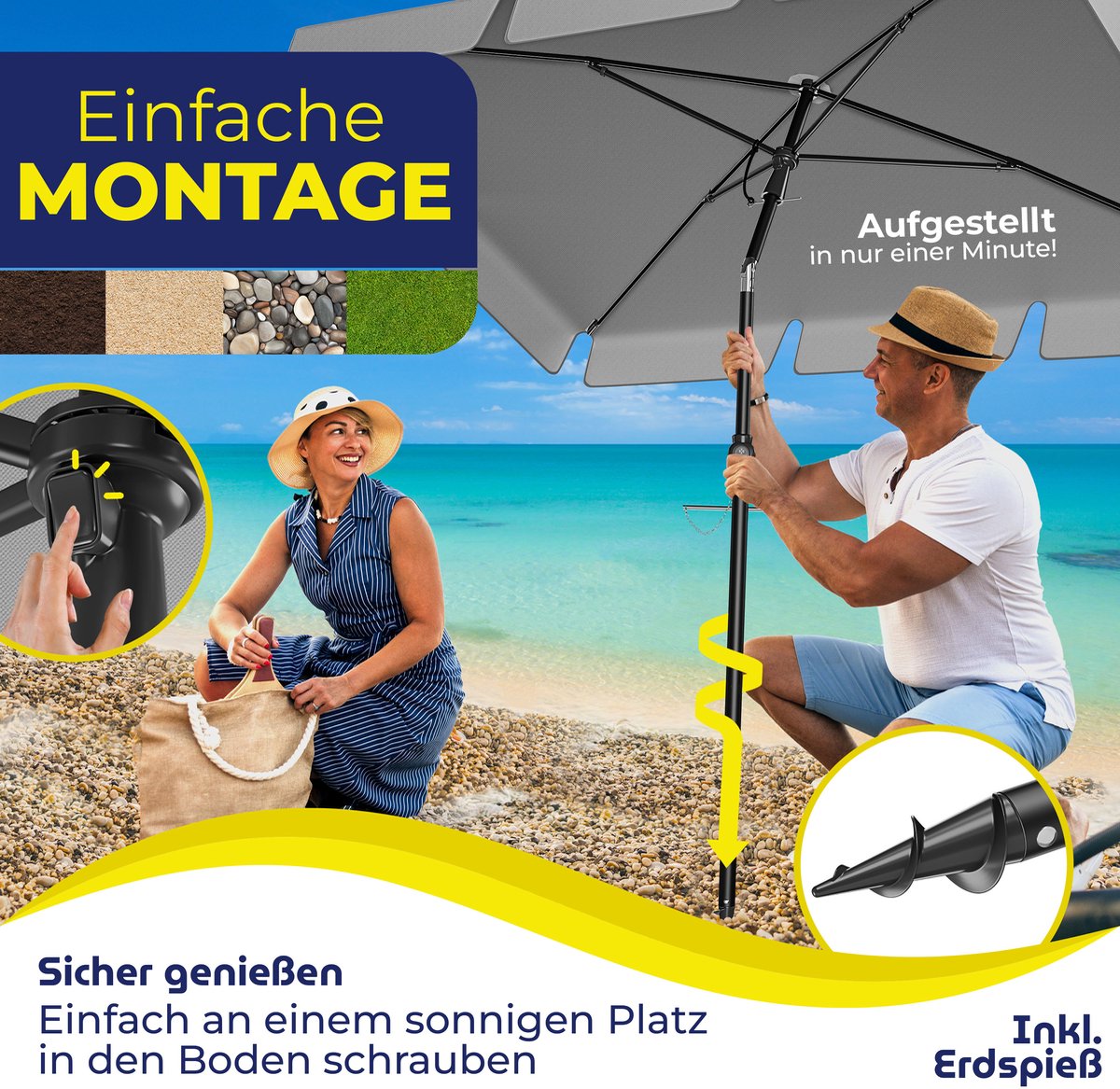 KESSER® Stokparasol Inclusief Beschermhoes & Draagtas 200 × 125cm - Parasol voor Balkon, Tuin & Terras Tuinparasol Strandparasol - Lichtgrijs