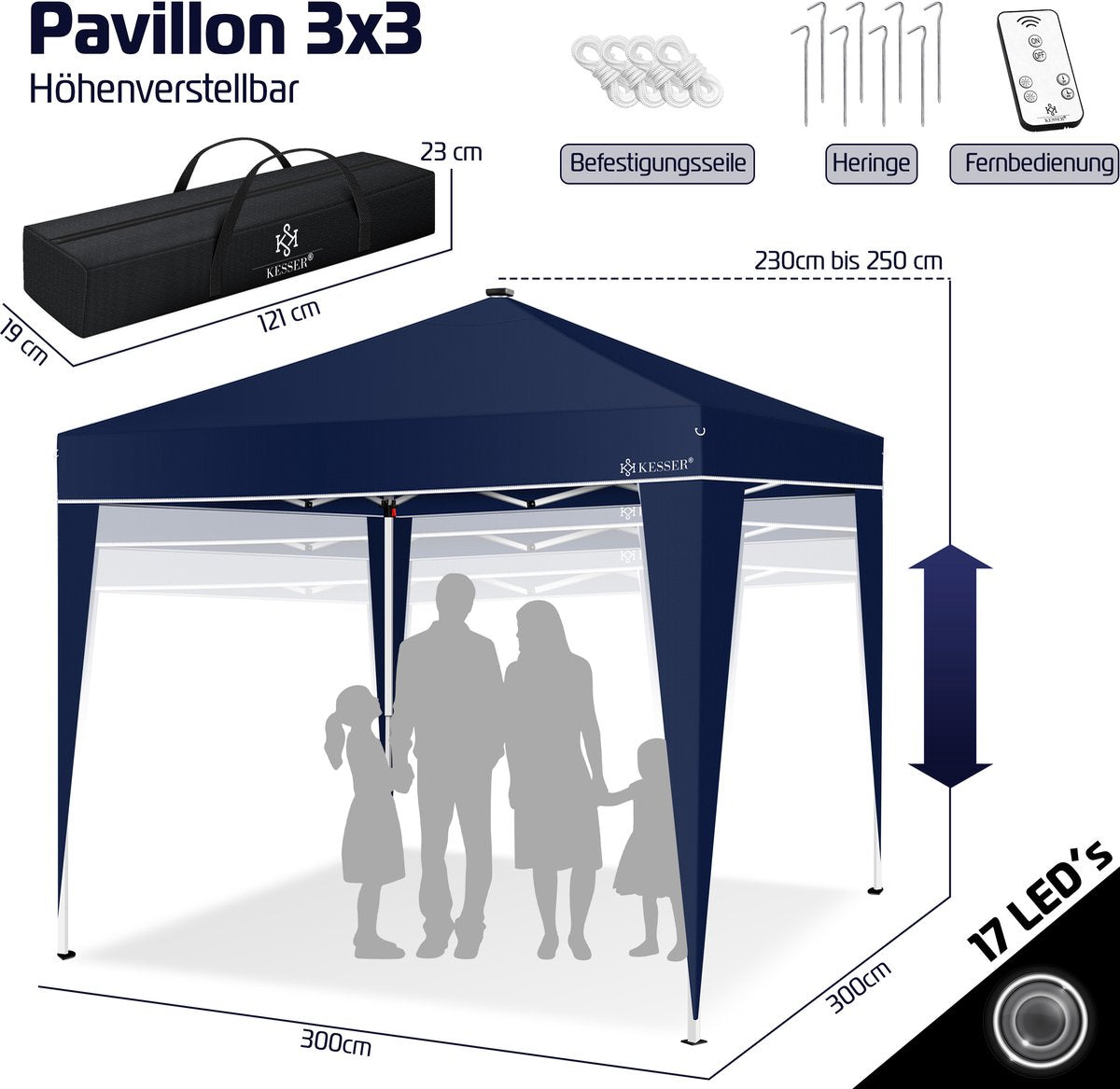 KESSER® Paviljoen 3x3m Tuinpaviljoen weerbestendig & Opvouwbaar met LED-verlichting op zonne-energie & UV-bescherming Inclusief transporttas & Afstandsbediening