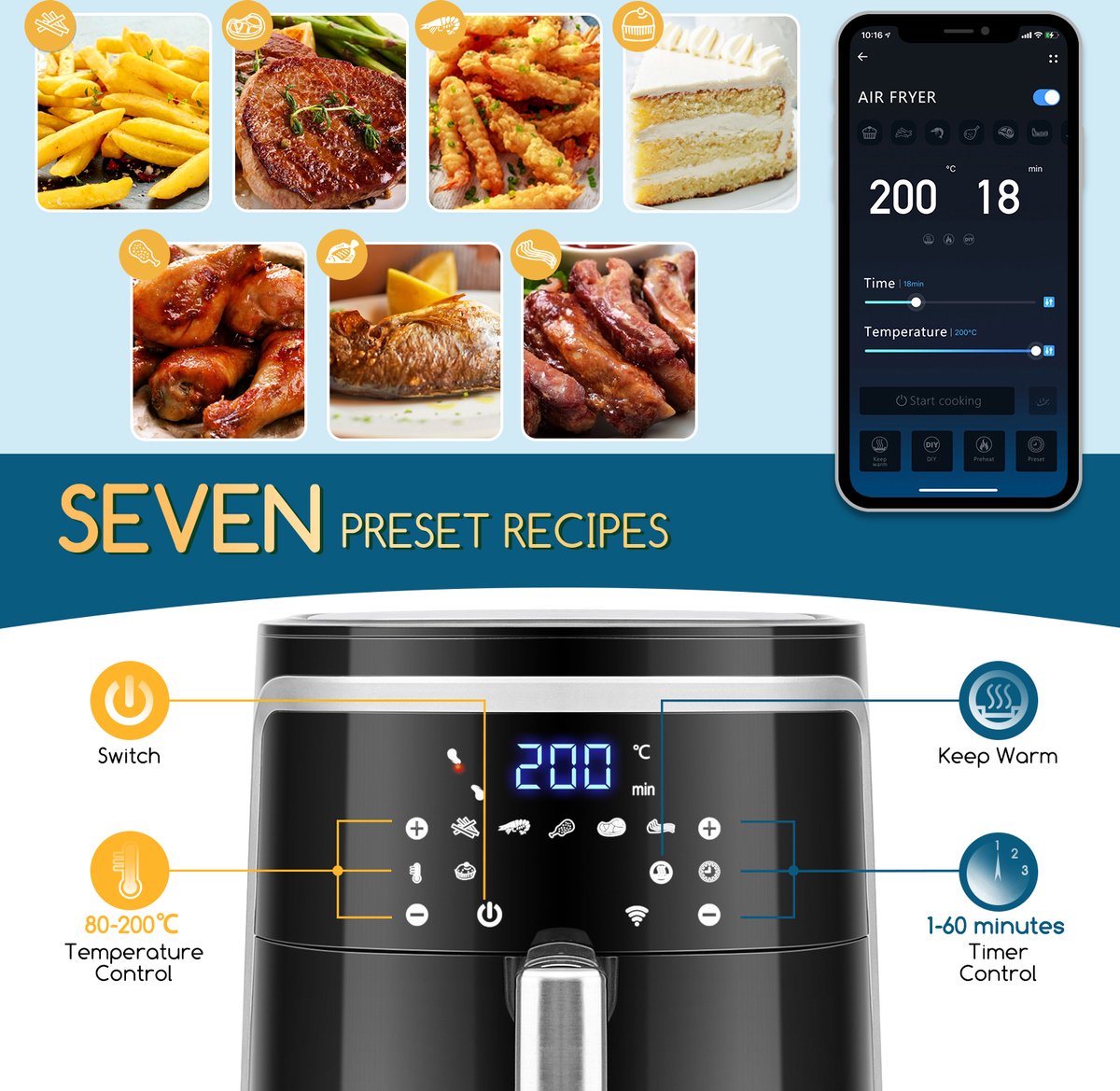Aigostar Airfryer - Heteluchtfriteuse - 7L - 1900W - Zwart