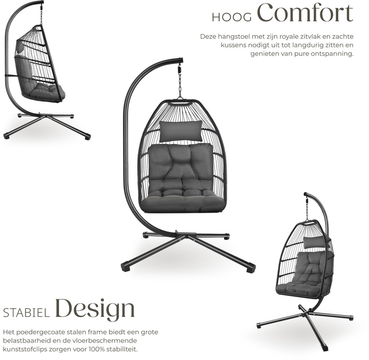 tectake® - Luxe hangstoel - Opvouwbare en draaibare egg chair met standaard - Dikke kussens - Antislipvoeten - Inclusief beschermhoes - Ideaal voor buiten, tuin, terras en slaapkamer - Donkergrijs