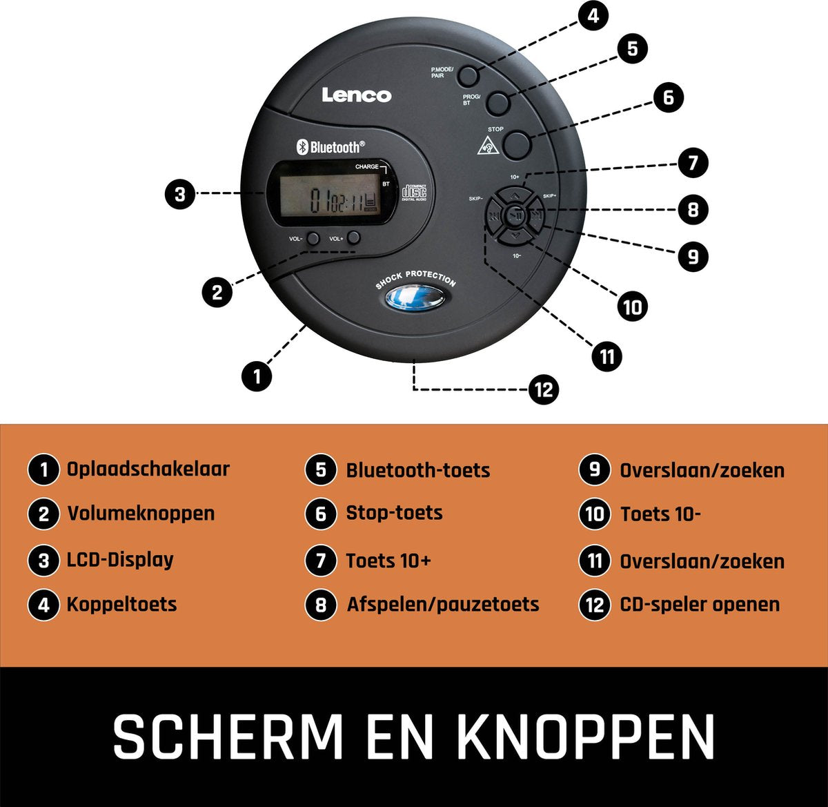 Lenco CD-300BK Discman - Draagbare Bluetooth CD en MP3 Speler - Anti-Shock Bescherming en oplaadbare Batterij - Zwart