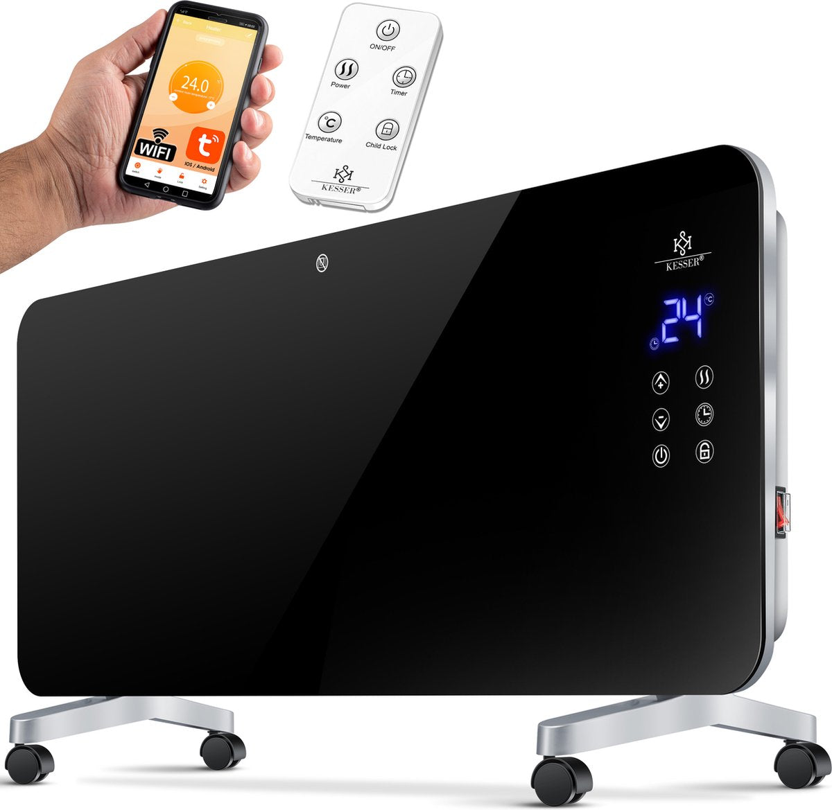KESSER® Verwarmingspaneel Elektrische Kachel 2000W - Glazen Convectorkachel Mobiel Electrische Verwarming met Touch LCD Display APP en afstandsbediening - Zwart