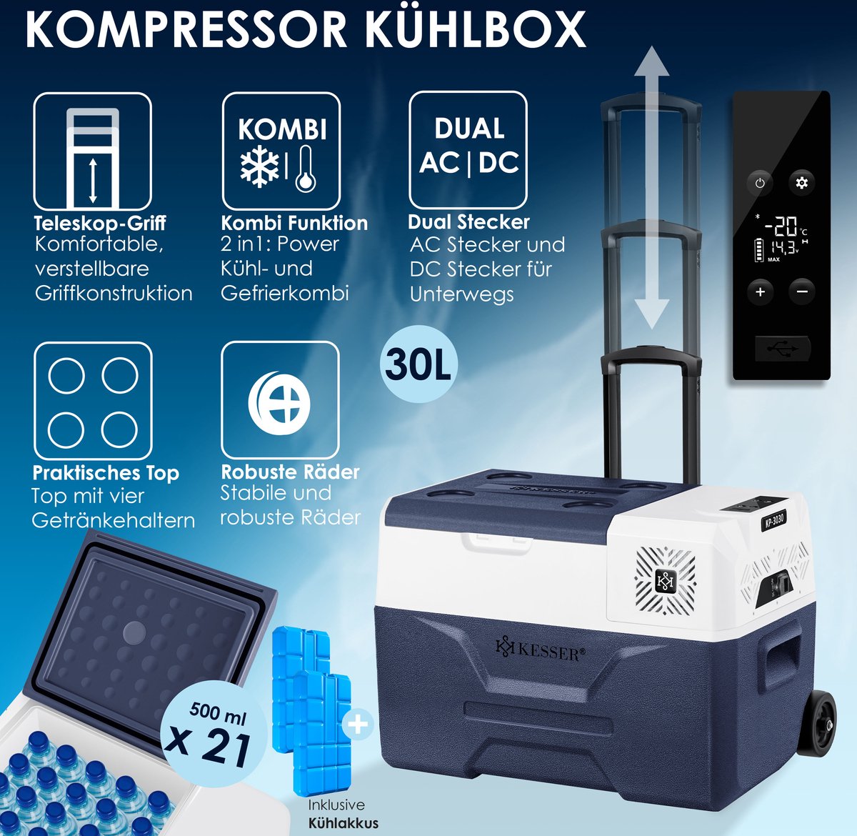 KESSER® Elektrische Koelbox - Compressor - tot -20°C - 30L - Marineblauw