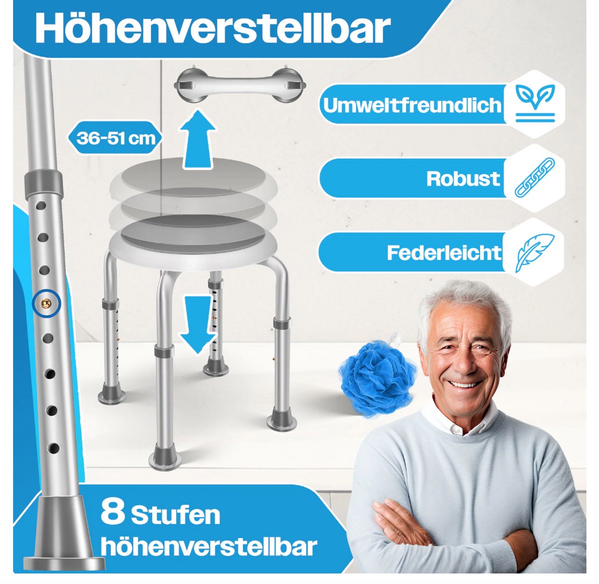 KESSER® Douchekruk - Douchestoel - Verstelbaar - Antislip - Grijs