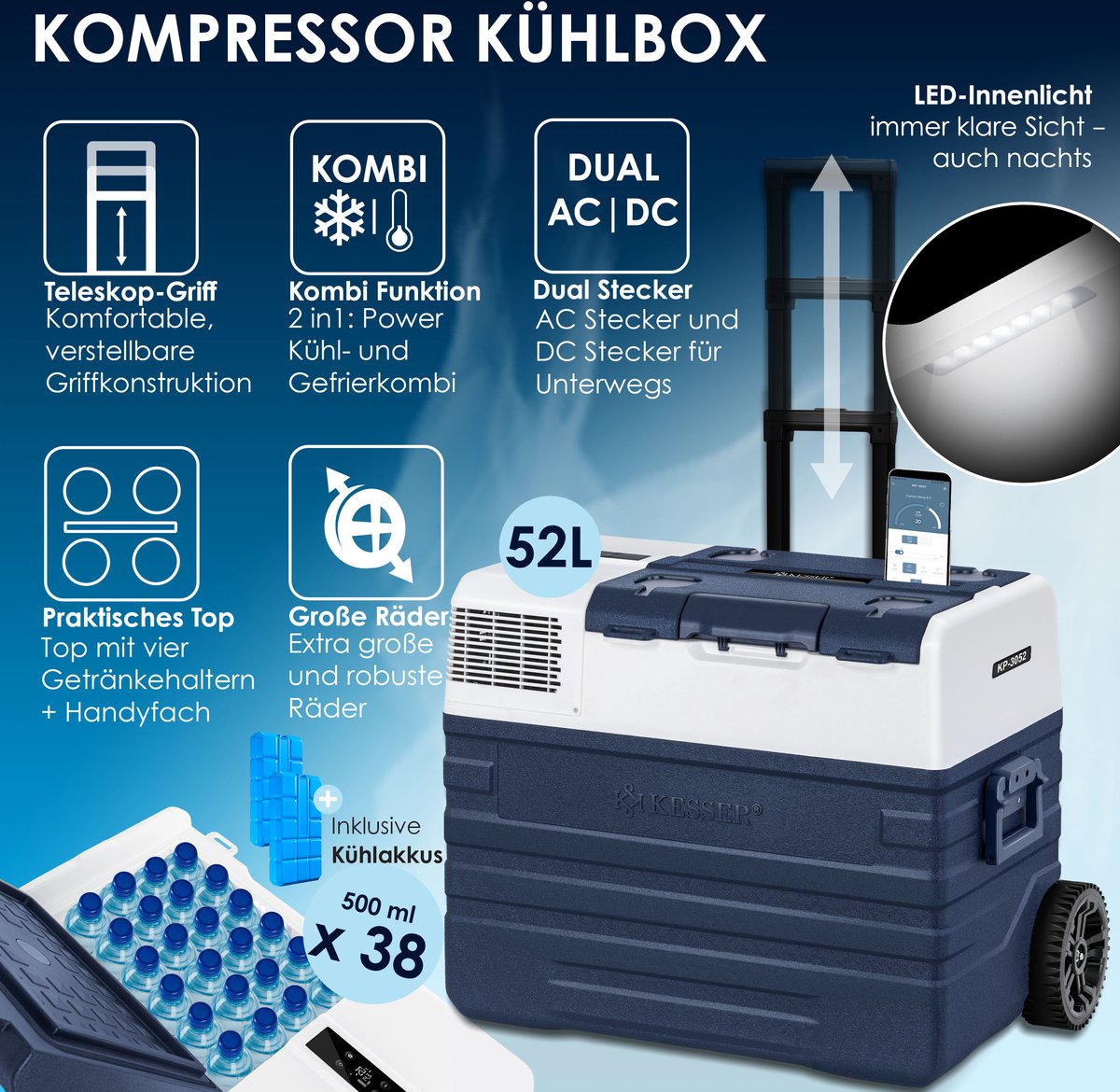 Compressor Koelbox elektrisch - Coolbox - Frigobox - 52L - Blauw