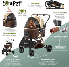 LOVPET® Hondenbuggy 3-in-1 - Opvouwbare Hondenwagen - Bruin/Champagne - 32kg
