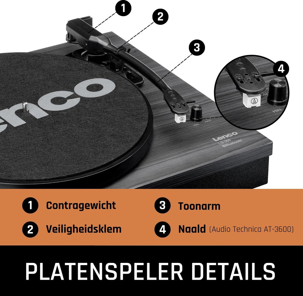 Lenco Platenspeler met Bluetooth - Twee externe Speakers - Auto-stop - LS-300BK - Zwart •