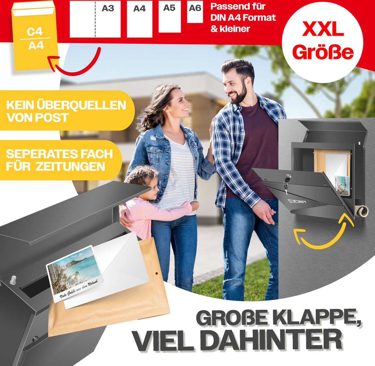 KESSER® Brievenbus met Krantenvak Wandmontage Roestvrij Staal - Wandbrievenbus inclusief Montagemateriaal 2x Sleutels, Afsluitbaar, Softclose-deksel - Antraciet