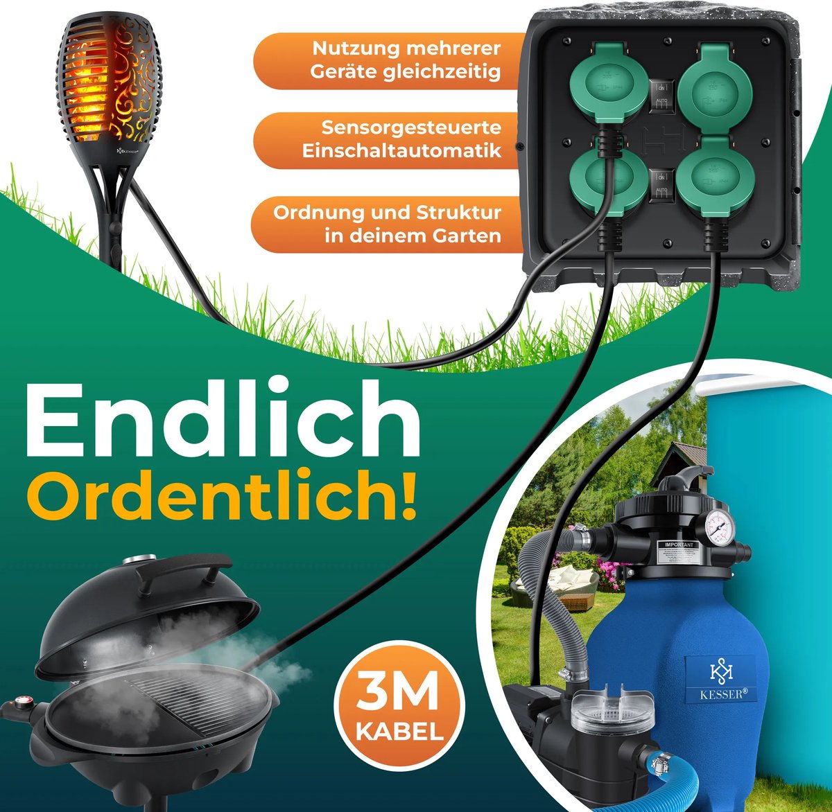 KESSER® Tuinstopcontact - 4 stopcontacten - IP44 waterdicht - Antraciet