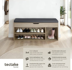 Schoenenbank - Met zitkussen - Schoenenrek - Schoenenkast - 103,5x48x30 cm - Lichtbruin - Tectake®