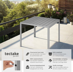 tectake® Tuintafel - Balkontafel - Terrastafel met Aluminium Frame - Tuinmeubelen Weerbestendig - 90x90x74,5 cm - Tafel voor Tuin, Lounge, Zithoek - Zilver