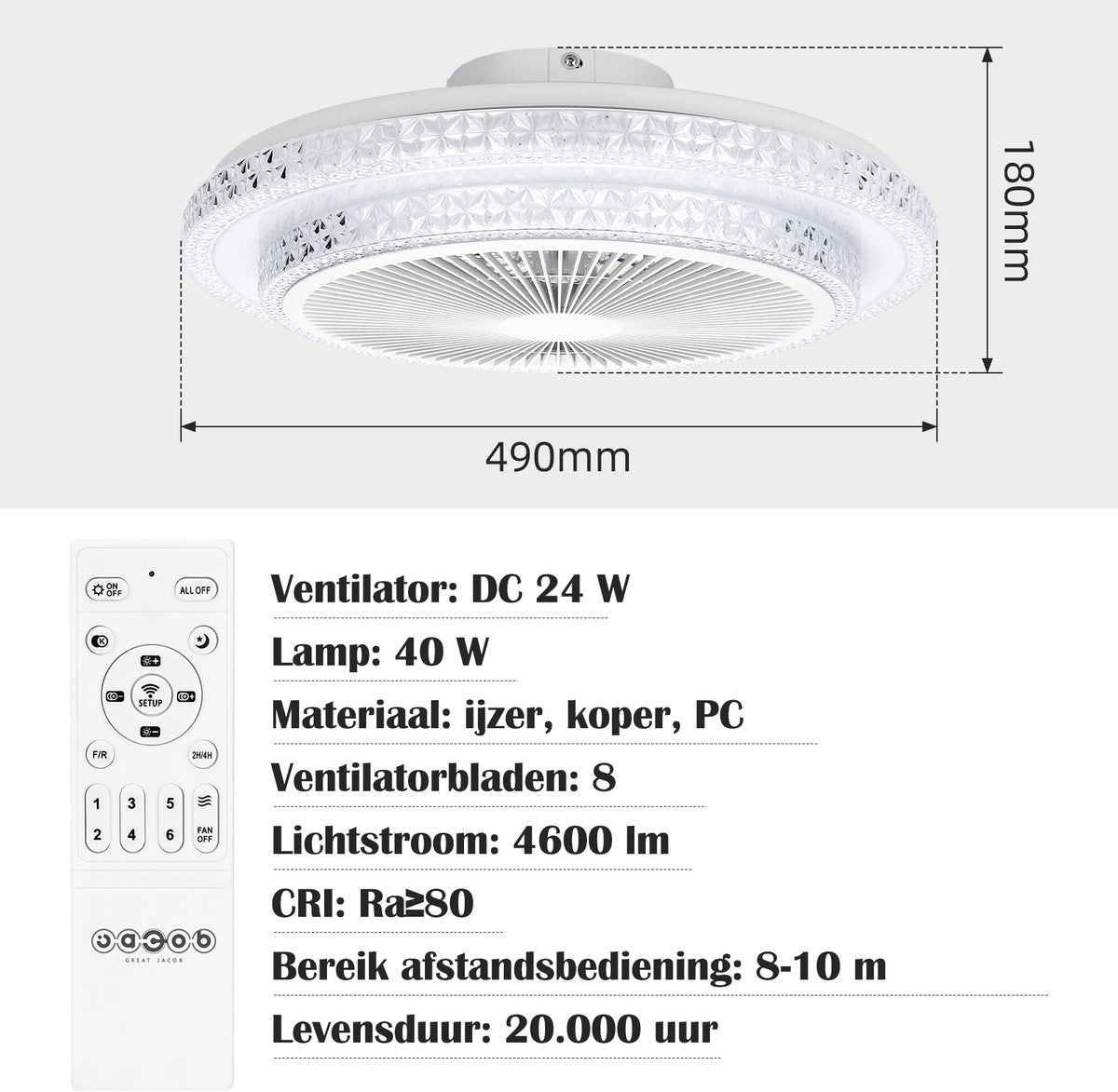 Aigostar Plafondventilator - Verlichting - Ø49cm - Dimbaar - 60W