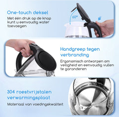 Aigostar Glazen Waterkoker - LED - 1,7L - 2200W - Zwart •