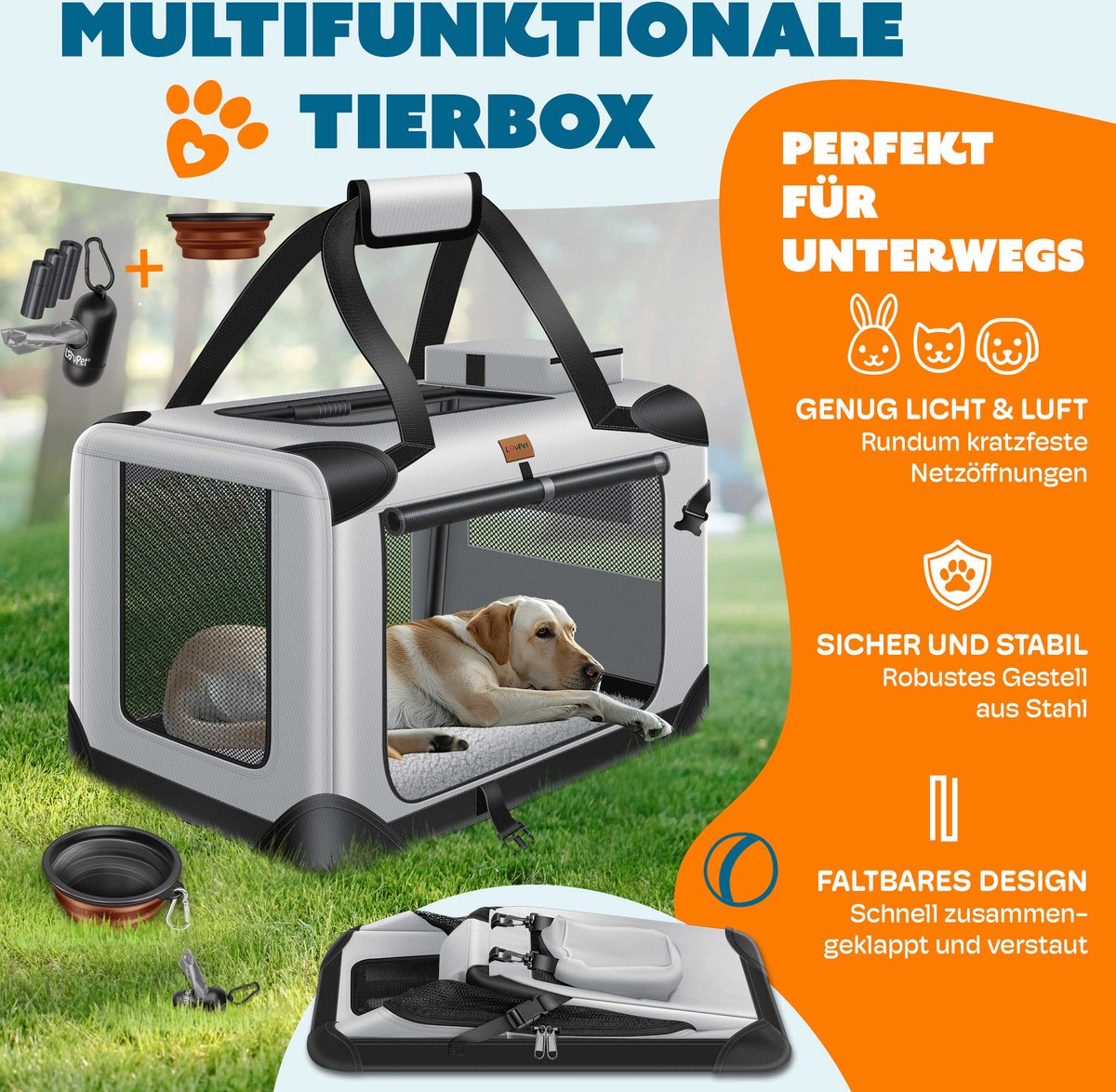 LOVPET® reisBench Hondenbench hondenbox honden transportbox opvouwbaar incl. transportzak hondenbak transportbox voor huisdieren, honden en katten transportbox - XXXL, Lichtgrijs