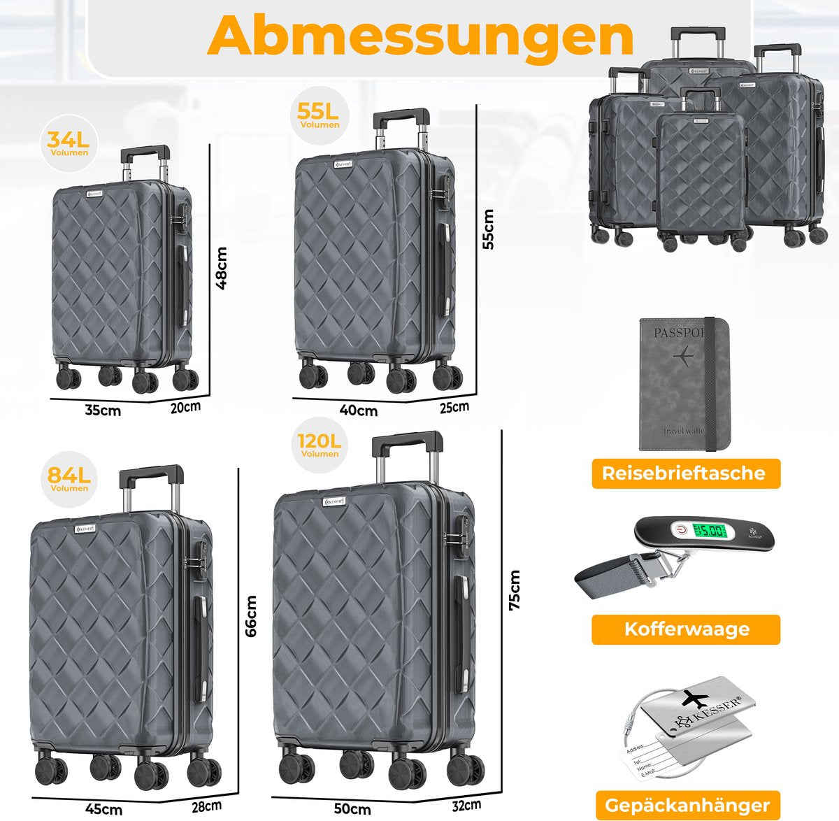 KESSER® Kofferset 4-delig | Reiskoffer met Wielen inclusief Paspoorthouder & kofferweegschaal & bagagelabel | Trolley Reiskofferset met groote Koffers & Handbagage / Ruimbagage - Charcoal