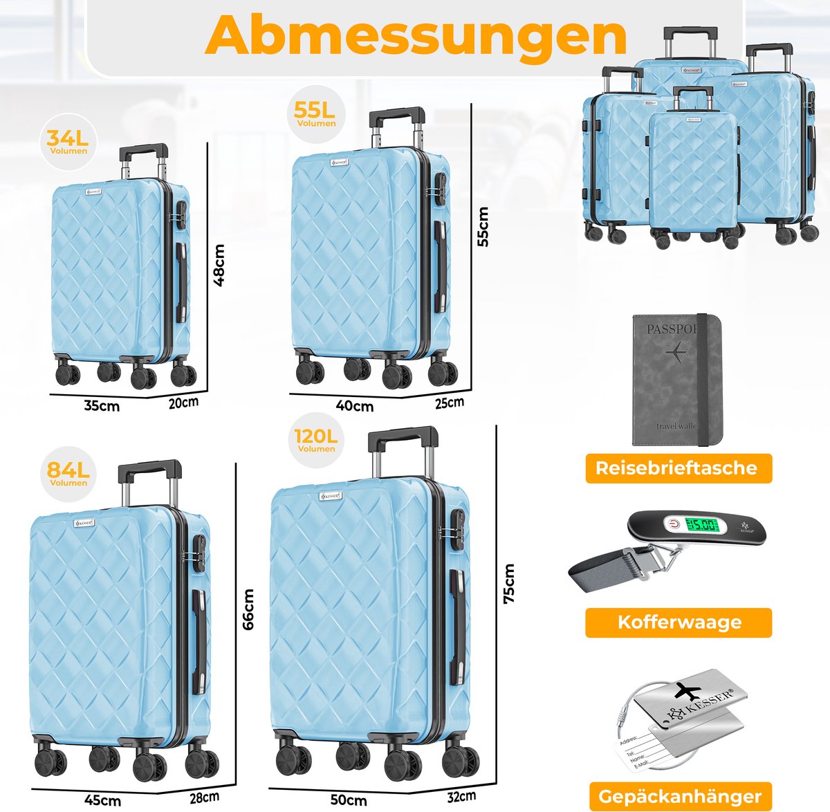 KESSER® Reiskofferset - 4-delig - ABS- Kofferset - Blauw •