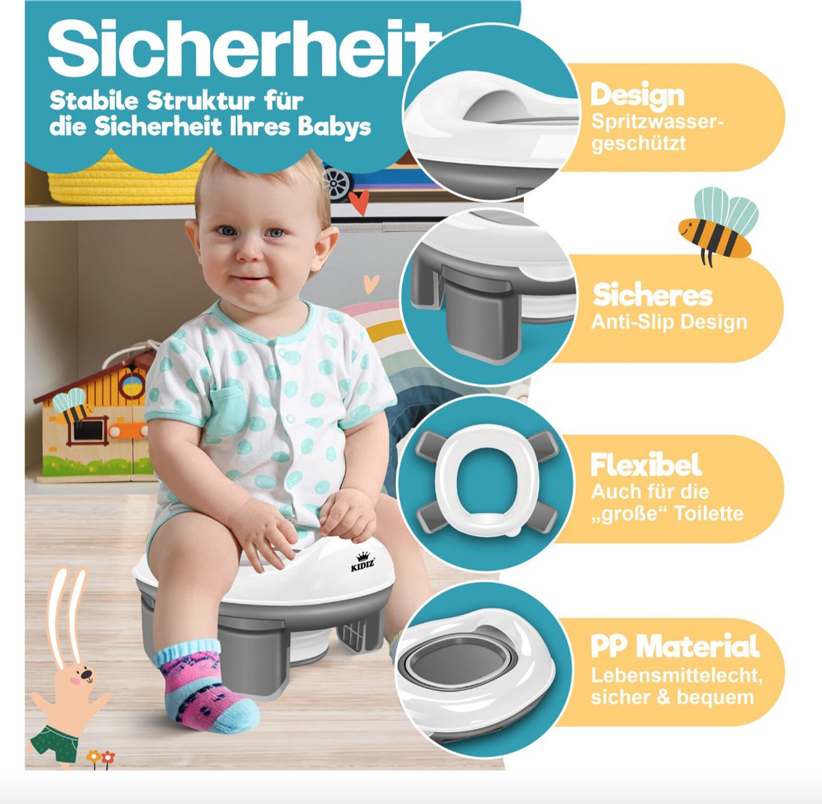 KIDIZ® Toiletbril voor kinderen - Kindertoiletbril - WC verkleiner - Antraciet