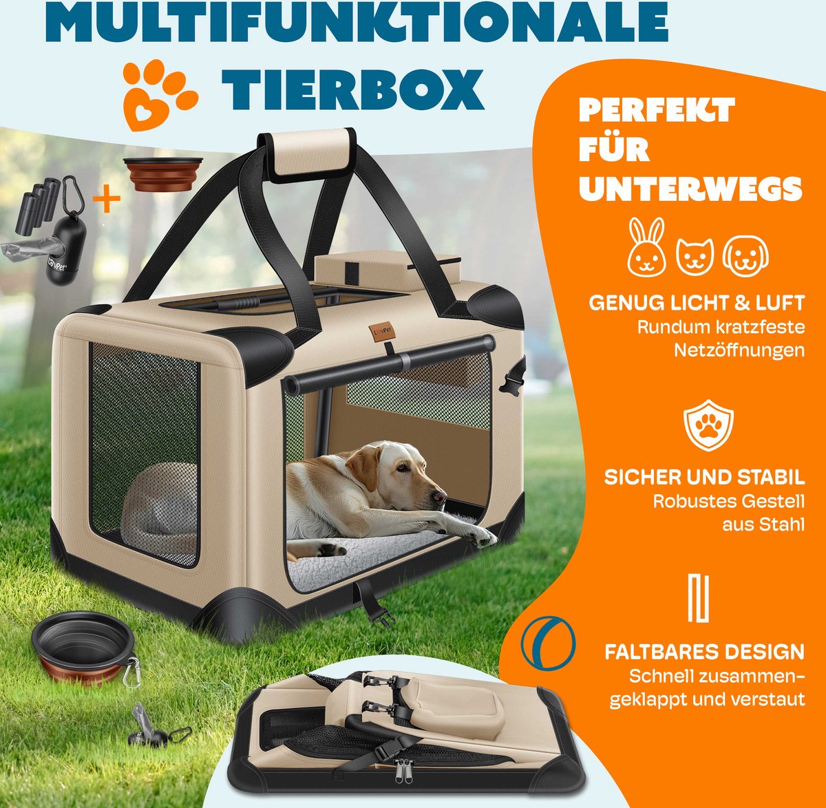 Reisbench hond - Draagtas hond - Transportbox - 102x69x69 cm - Beige