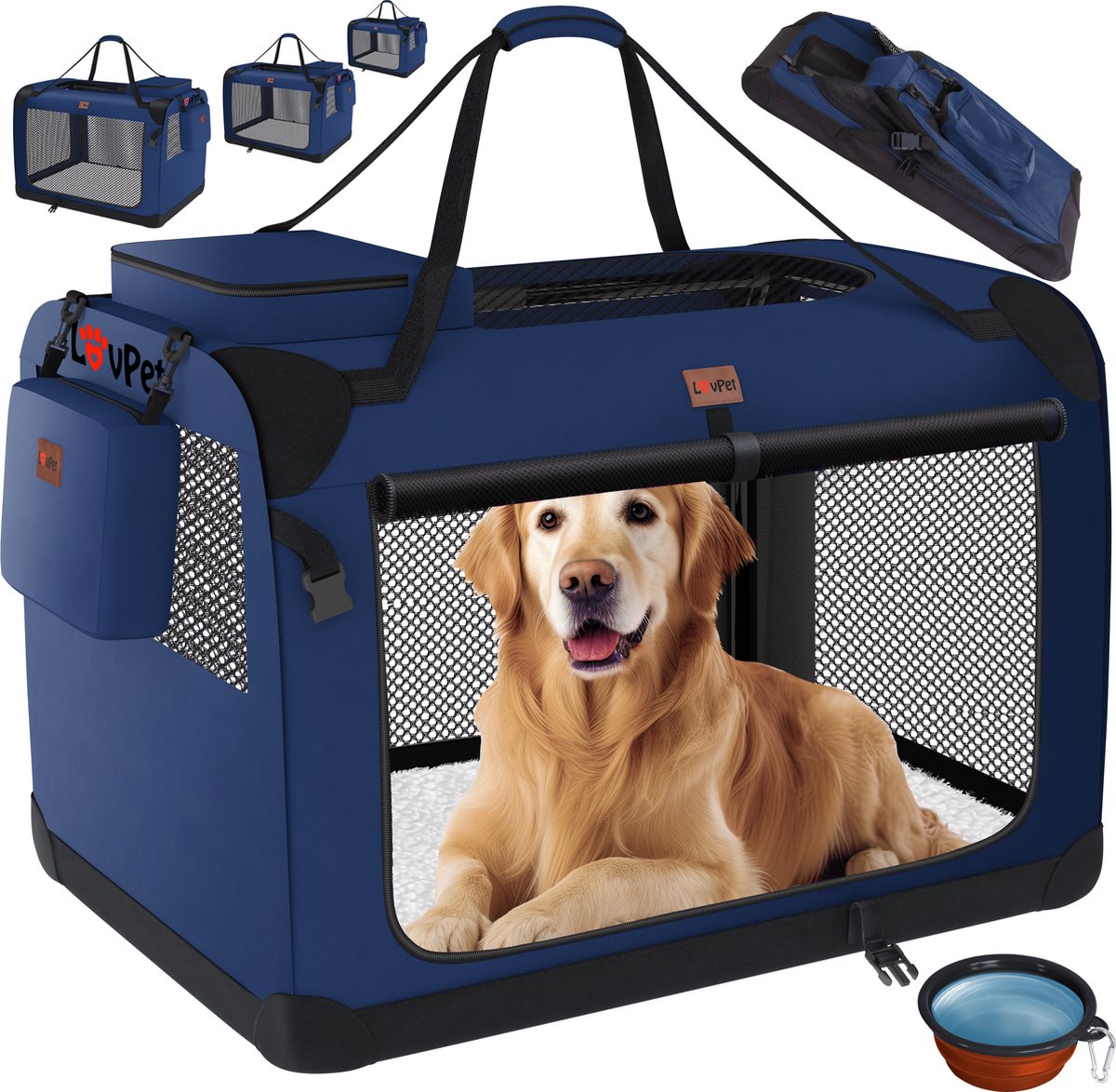 Reisbench hond - Draagtas hond - Transportbox - 102x69x69 cm - Marineblauw