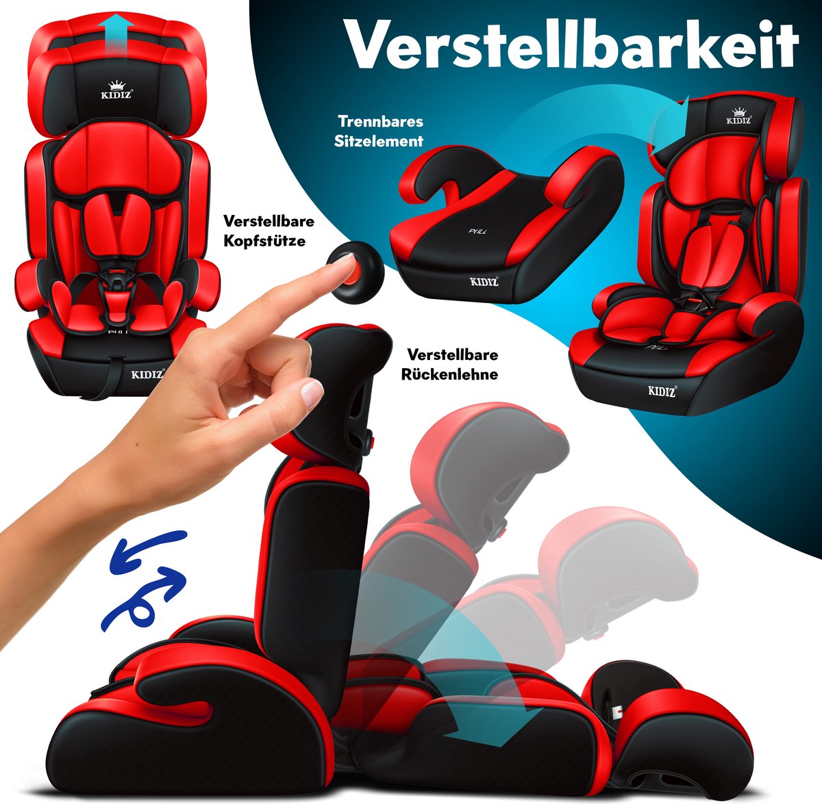 KIDIZ® Autostoeltje Groep 1+2+3  9-36 kg 5-punts veiligheidsgordel, Autostoeltje, Kinderzitje, Verstelbare Hoofdsteun | Stoelverhoger 1-12 jaar, Stabiel en Veilig - Rood