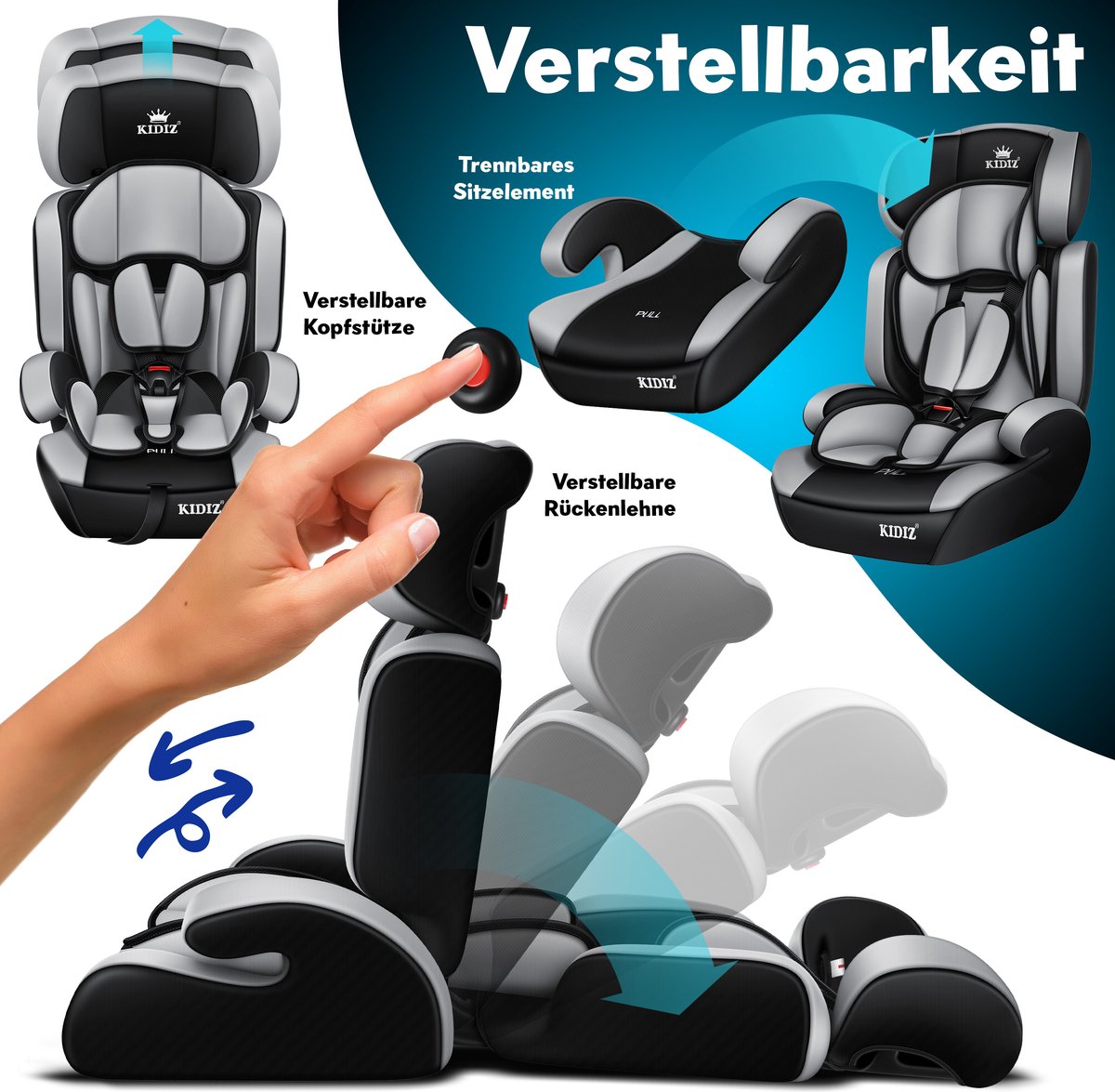 KIDIZ® Autostoeltje - 5-punts veiligheidsgordel - Grijs
