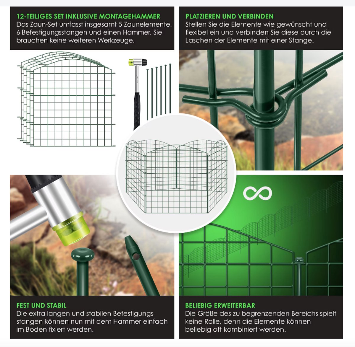 KESSER® Vijverhek tuinhek steekhek complete set metaal 5x bocht rond incl. handschoenen, 1x hamer + 6 bevestigingsstaven, hek om in te steken voor tuin, rooster omheining set buitenren voor dieren