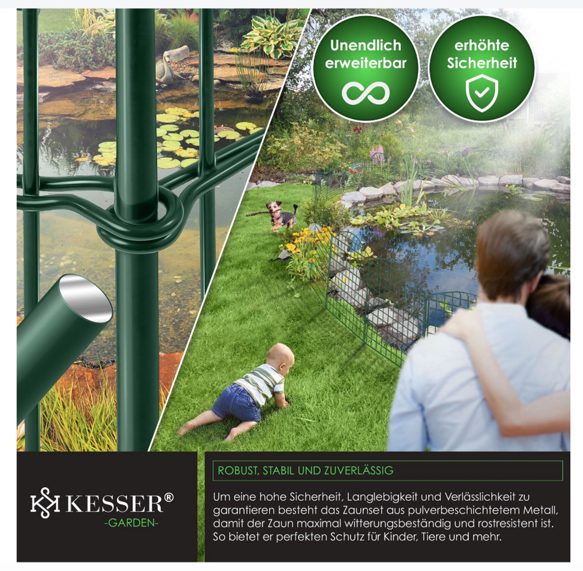 KESSER® Vijverhek tuinhek steekhek complete set metaal 5x bocht rond incl. handschoenen, 1x hamer + 6 bevestigingsstaven, hek om in te steken voor tuin, rooster omheining set buitenren voor dieren
